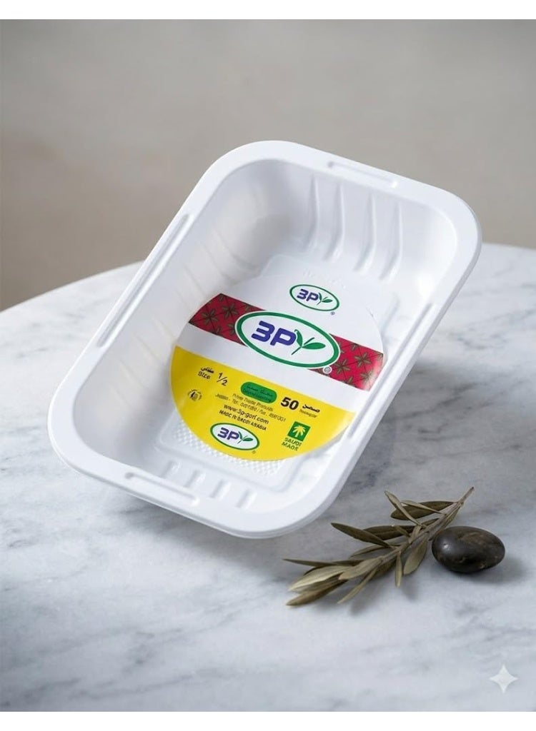 Disposable rectangular plastic plates, half rectangular size (50 pieces). White disposable plastic plates, ideal for serving snacks, parties, and picnics. - Image 4