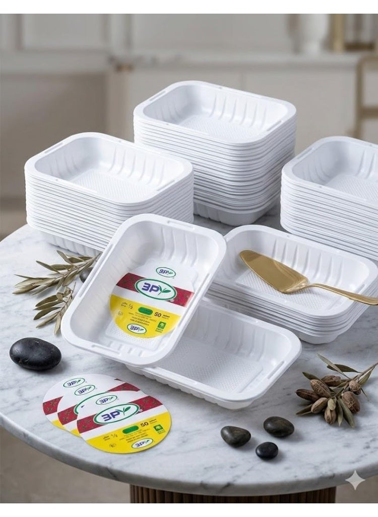 Disposable rectangular plastic plates, half rectangular size (50 pieces). White disposable plastic plates, ideal for serving snacks, parties, and picnics. - Image 3