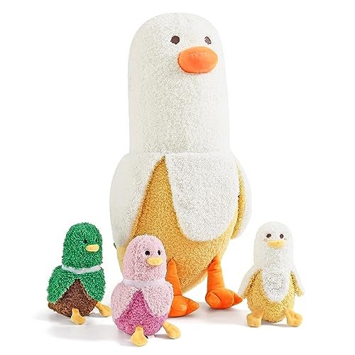 PEACH CAT Banana Duck Plush 1 Mommy 19.7" Banana Duck Stuffed Animal with 3 Cute Babies Inside, 4 Pieces Plushies Toy Set Gifts for Girls and Boys - Image 1