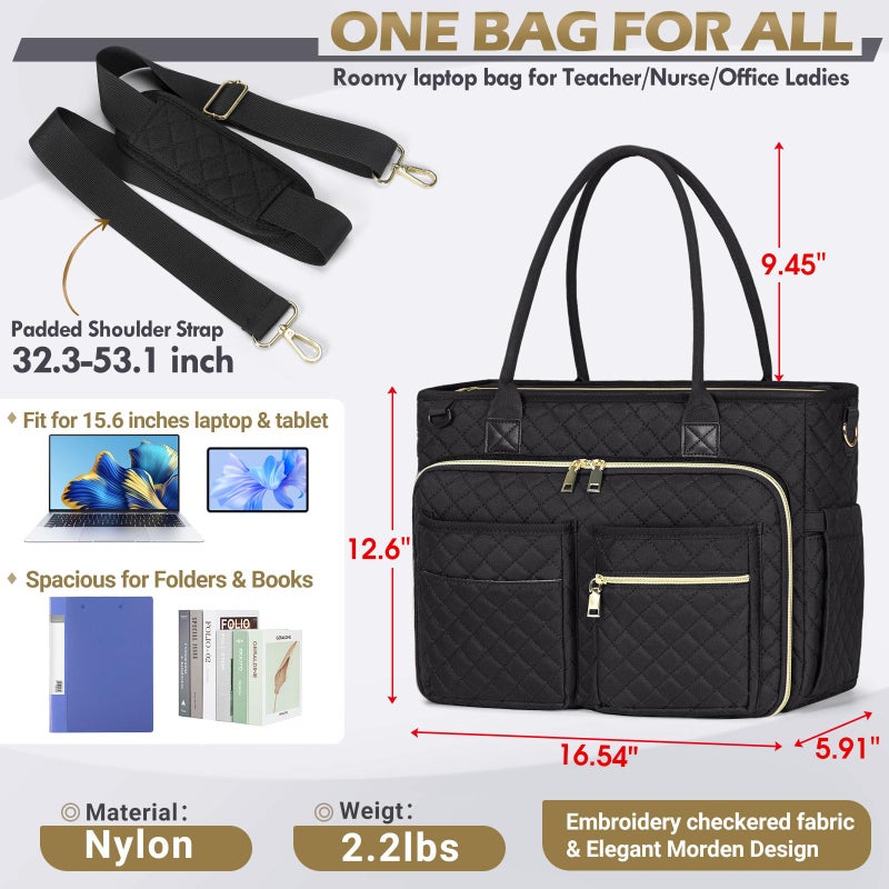 Rainsmore Teacher Tote Bag 15.6 Inch Laptop Bag For Women Work Bag Laptop Tote Nurse Bag Professional Computer Messenger Bag With Insulated Pocket  Laptop Briefcase For Office  College  Nursing  Black - Image 4