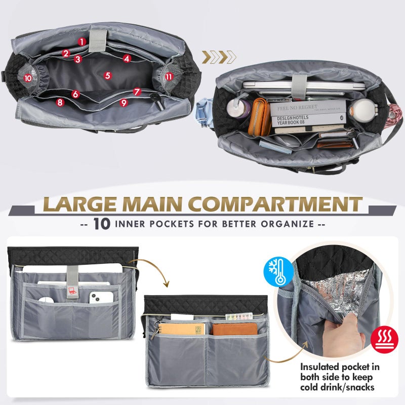 Rainsmore Teacher Tote Bag 15.6 Inch Laptop Bag For Women Work Bag Laptop Tote Nurse Bag Professional Computer Messenger Bag With Insulated Pocket  Laptop Briefcase For Office  College  Nursing  Black - Image 2
