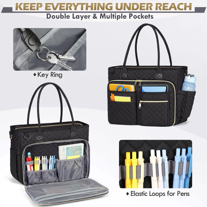 Rainsmore Teacher Tote Bag 15.6 Inch Laptop Bag For Women Work Bag Laptop Tote Nurse Bag Professional Computer Messenger Bag With Insulated Pocket  Laptop Briefcase For Office  College  Nursing  Black - Image 3