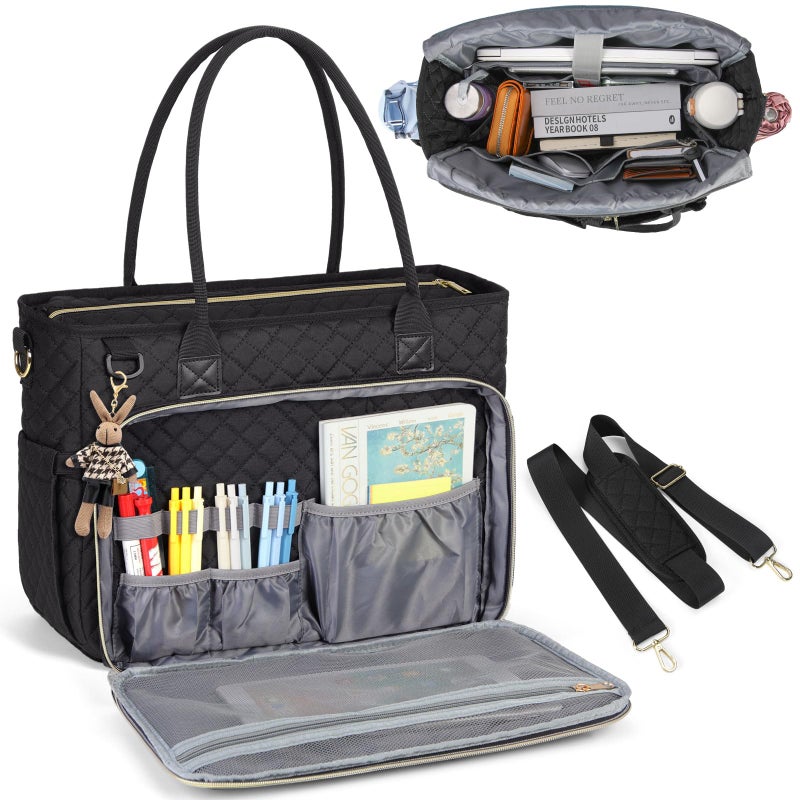 Rainsmore Teacher Tote Bag 15.6 Inch Laptop Bag For Women Work Bag Laptop Tote Nurse Bag Professional Computer Messenger Bag With Insulated Pocket  Laptop Briefcase For Office  College  Nursing  Black - Image 1