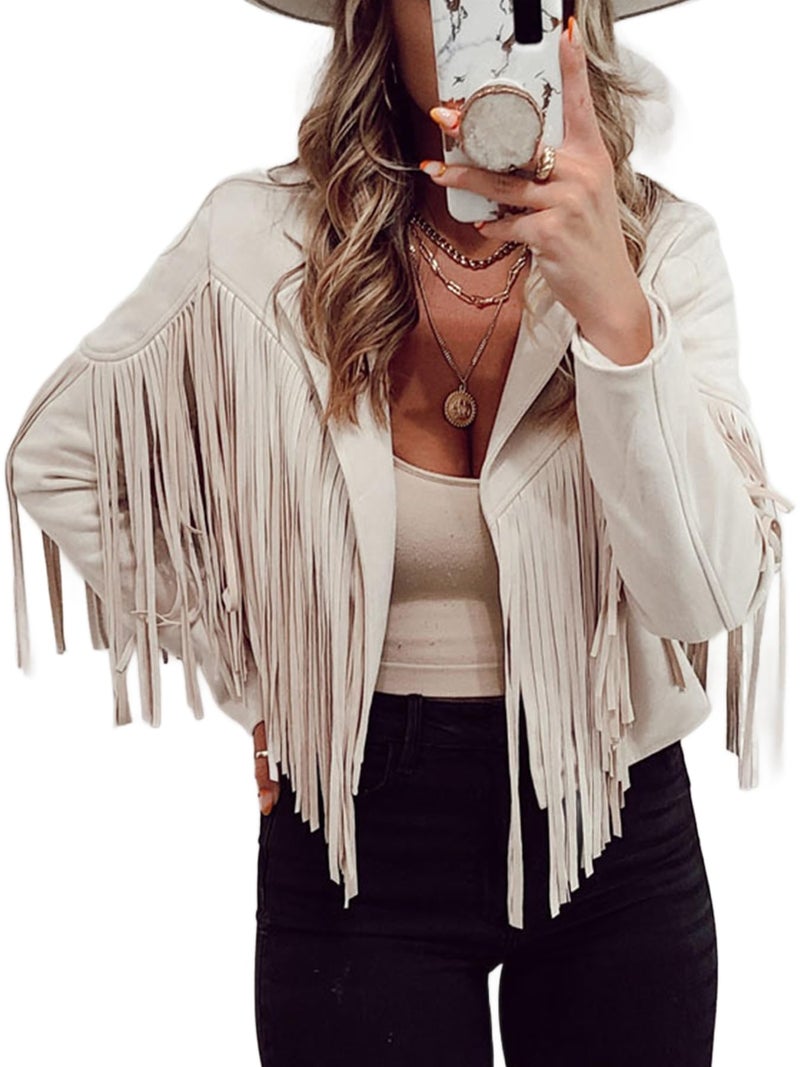 Bibowa Faux Leather Jackets For Women Trendy Cowgirl Outfits Fall Western Fringe Cropped Jacket 2026 Tassel Motorcycle Crop Coats Winter Beige Xl - Image 2