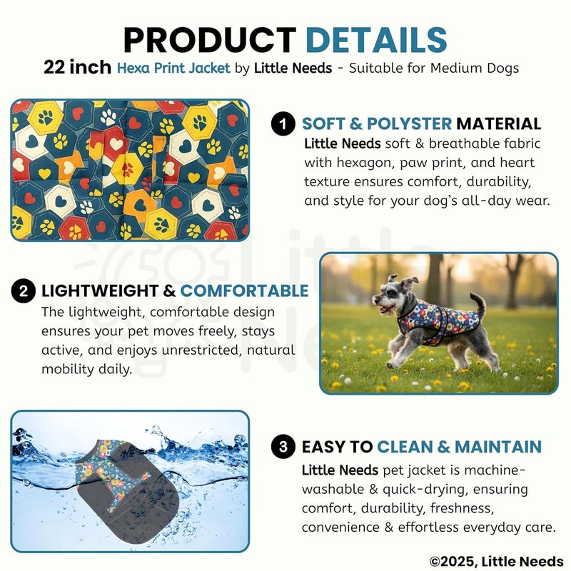 LITTLE NEEDS Dog Winter Jacket - (Hexa Print, 22 Inch) for Medium Dogs | Ultra Warm Waterproof & Windproof Coat | Adjustable Velcro Closure, Washable Vest for Cold Weather | Indoor & Outdoor Use - Image 3