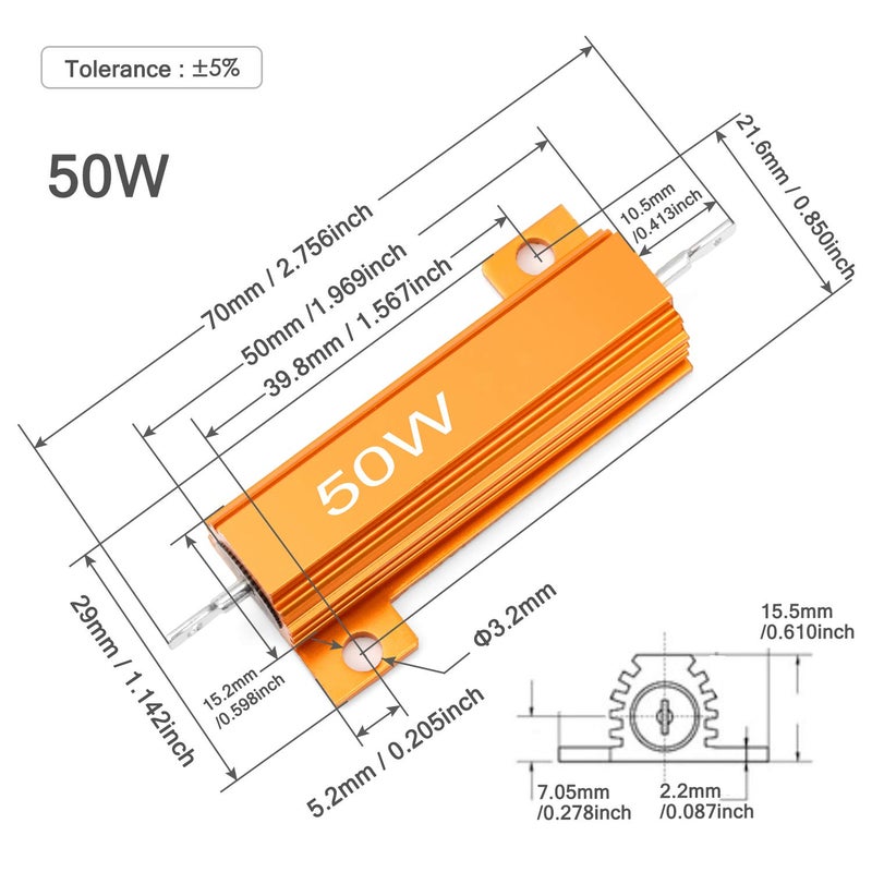 CHANZON 2pcs Wirewound Aluminum Shell Resistor 5 Ω ohm 50W ±5% Tolerance 5R Rohs Certified - Image 2