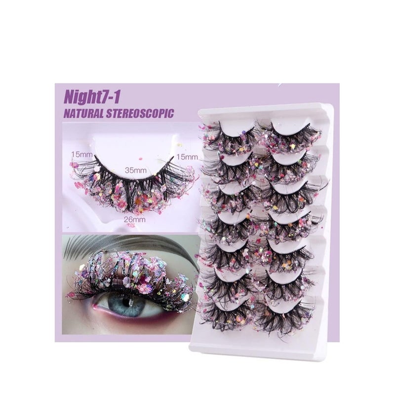 SOLARAE 7 Pairs Night Luminous Glitter False Eyelashes Wispy Faux Mink Lashes Colored Eyelashes Dramatic Lashes for Party Stage Cosplay - Image 3
