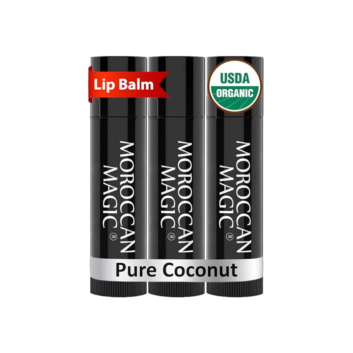 Moroccan Magic Organic Pure Coconut Lip Balm 3 Pack | Ultra-Hydrating Argan & Essential Oil Lip Moisturizer + Vitamin E | Natural Chapstick for Dry Lips | Smooth, Non-Toxic | Organic Lip Balm