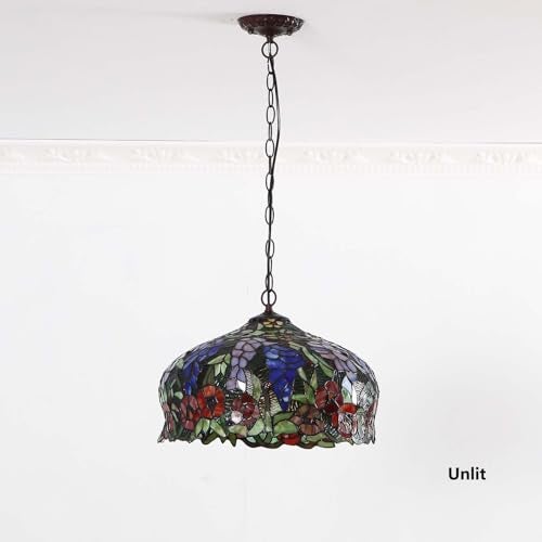 Bieye L10557 Wisteria and Rose Flowers Tiffany Style Stained Glass Ceiling Pendant Fixture with 16-inch Wide Lampshade - Image 2