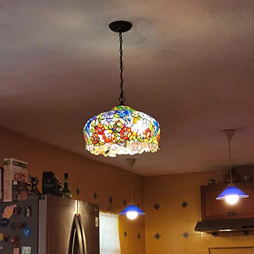 Bieye L10557 Wisteria and Rose Flowers Tiffany Style Stained Glass Ceiling Pendant Fixture with 16-inch Wide Lampshade - Image 4
