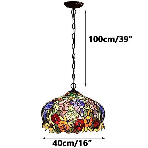 Bieye L10557 Wisteria and Rose Flowers Tiffany Style Stained Glass Ceiling Pendant Fixture with 16-inch Wide Lampshade - Image 5