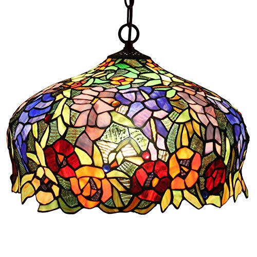 Bieye L10557 Wisteria and Rose Flowers Tiffany Style Stained Glass Ceiling Pendant Fixture with 16-inch Wide Lampshade - Image 1