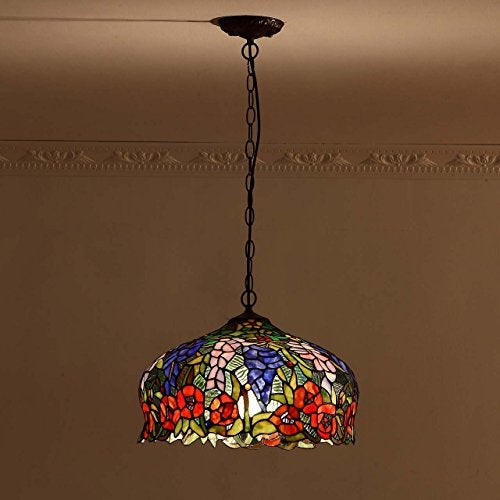 Bieye L10557 Wisteria and Rose Flowers Tiffany Style Stained Glass Ceiling Pendant Fixture with 16-inch Wide Lampshade - Image 3