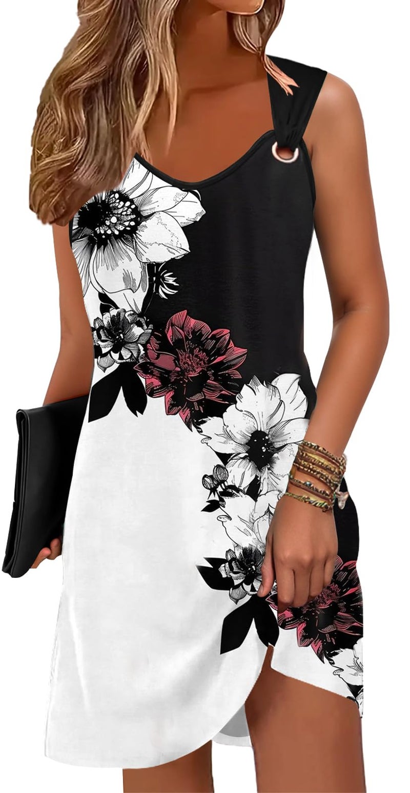 Disamer Summer Dresses for Women 2026 Sundresses Sleeveless Beach Swimsuit Cover Ups Spring Casual Tank Tshirt Sun Dress,Flower Lotus,Large - Image 1