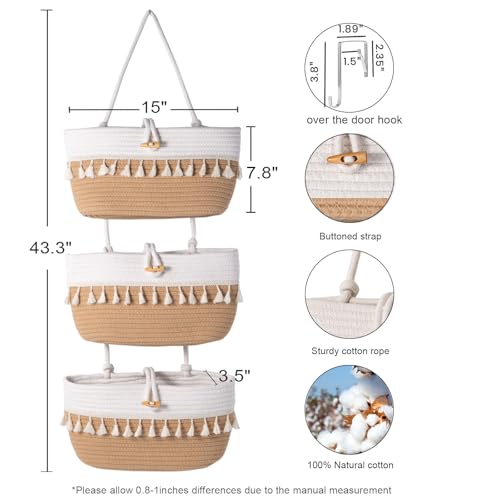 Oradrem Over the Door Macrame Basket Cotton Rope Organizer,3 Tier Wall Hanging Storage Basket, 14.5"x7" Closet Organizing, Decorative Baskets for Organizing Living Room - Image 2