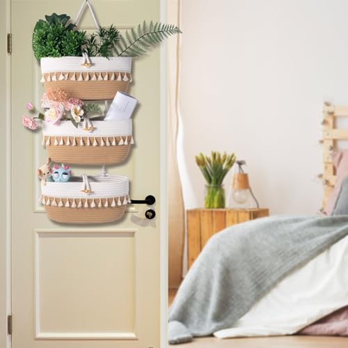 Oradrem Over the Door Macrame Basket Cotton Rope Organizer,3 Tier Wall Hanging Storage Basket, 14.5"x7" Closet Organizing, Decorative Baskets for Organizing Living Room - Image 3