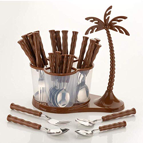 Xiran Antic Cutlery Set for Dining Table with Stand-24 Piece Stainless Steel with Plastic Cutlery Set- 6 Table Spoons, 6 Tea Spoons, 6 Forks, 6 Dessert Spoons (Brown, Antic Cutlery Set) - Image 2
