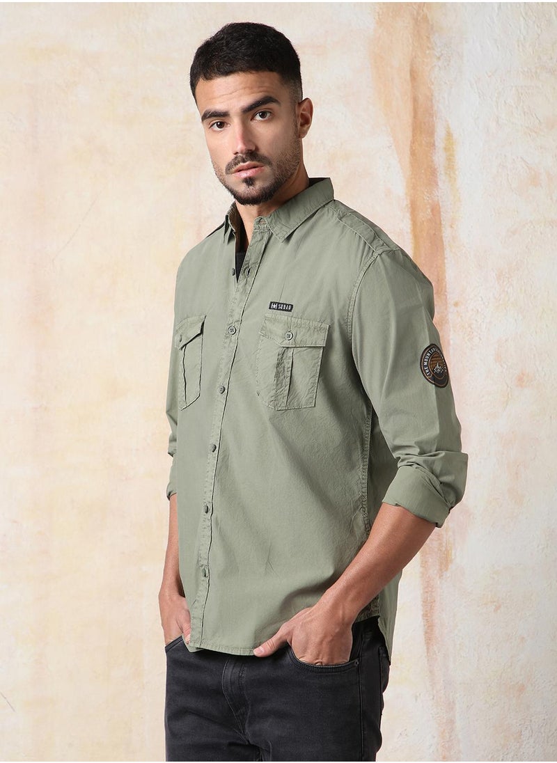HIGH STAR - Men Regular Fit Utility Heavy Washed Spread Collar Solid Cotton Casual Shirt - Image 1