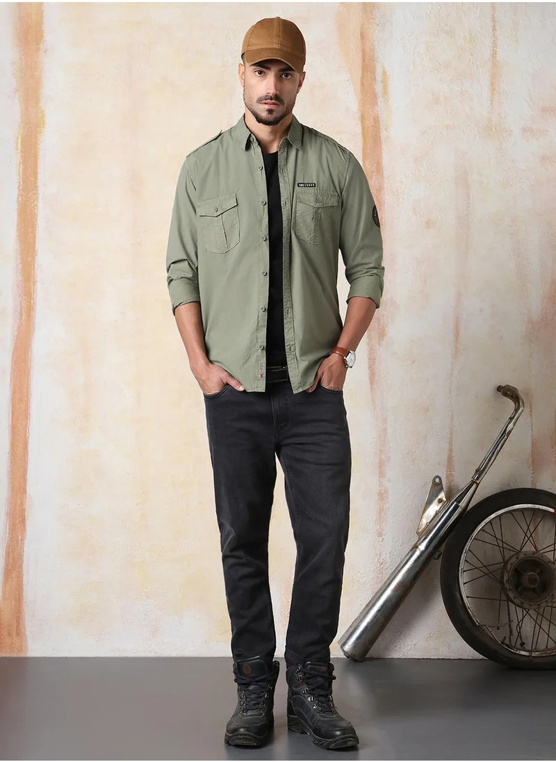 هاي ستار Men's Olive 100% Cotton Solid Button Down Regular Fit Shirt