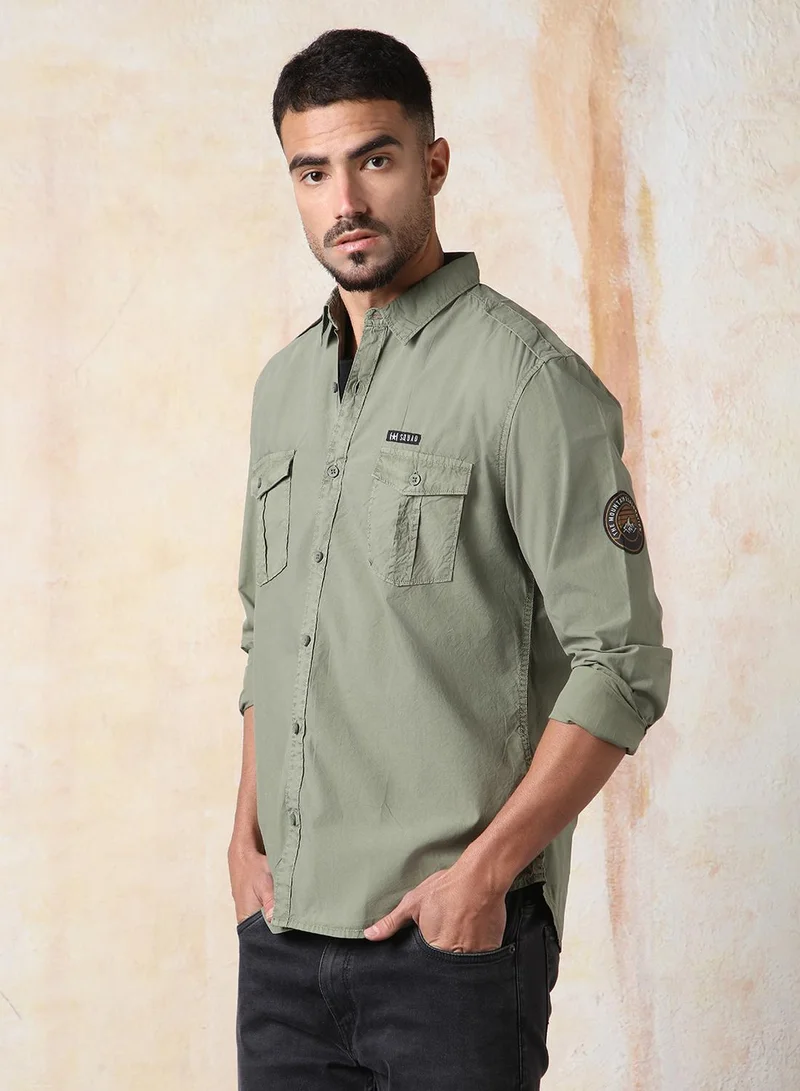 HIGH STAR Men Regular Fit Utility Heavy Washed Spread Collar Solid Cotton Casual Shirt
