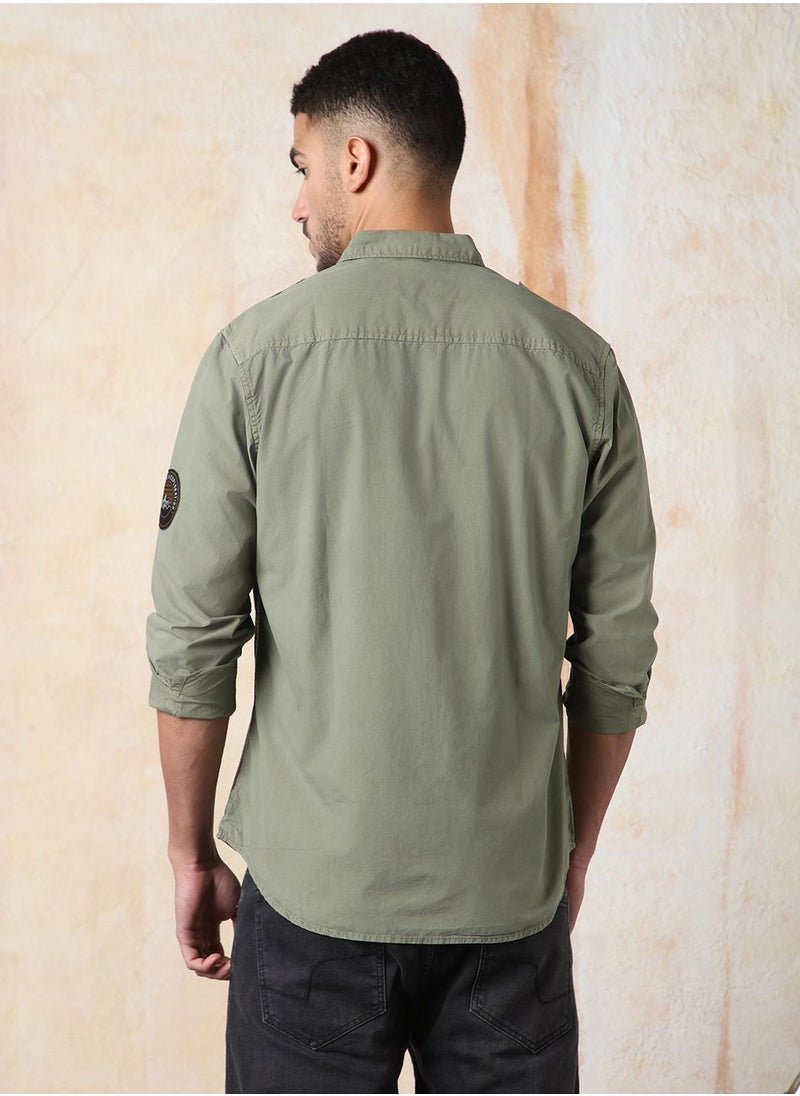 HIGH STAR - Men Regular Fit Utility Heavy Washed Spread Collar Solid Cotton Casual Shirt - Image 1