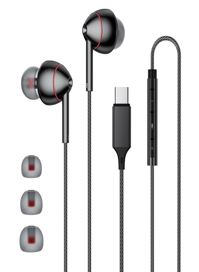 MAXAUX USB-C Wired Earbuds with Microphone, Volume Control, Noise Canceling, Compatible with Samsung Galaxy S24 S23 S22, iPhone 15, Pixel Phones (Updated Black) - Image 1