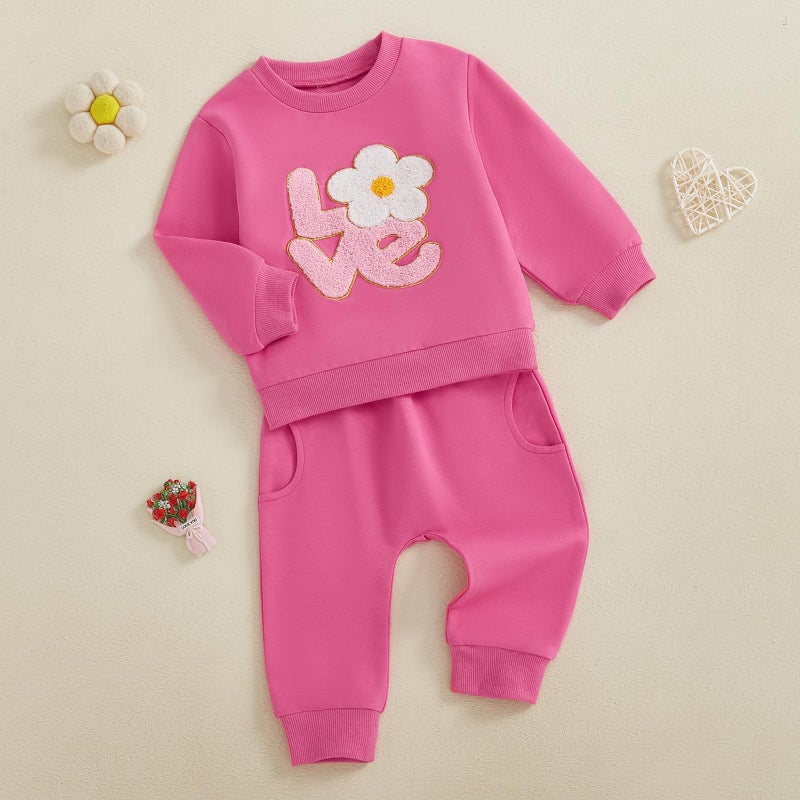 LAGKIYOJ Toddler Girl Valentine's Outfits Letter Flower Embroidery sweatshirt Long Pants 6 12 18 24 Months 2T 3T 4T (Pink Flower, 18-24 Months) - Image 3
