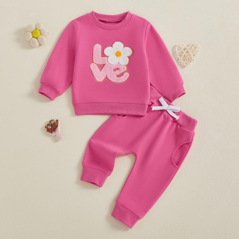 LAGKIYOJ Toddler Girl Valentine's Outfits Letter Flower Embroidery sweatshirt Long Pants 6 12 18 24 Months 2T 3T 4T (Pink Flower, 18-24 Months) - Image 2