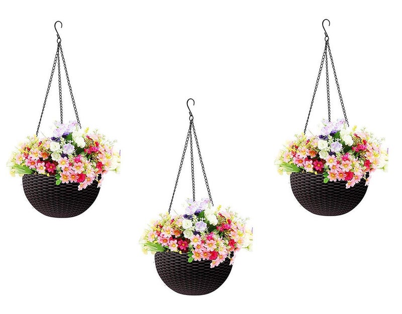 Bianco Round Rattan Woven Hanging Planters with Hanging Chain, Hanging Pots for Plants Balcony (Coffee Brown, Set of 3, 7.1x4.8 Inch) - Image 1