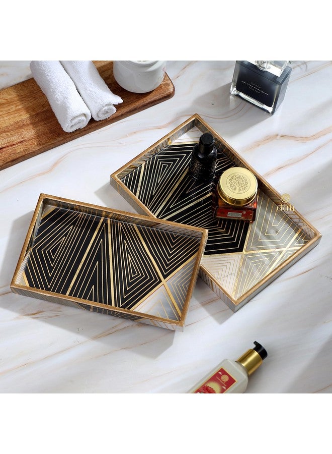 DULI Set of 2 MDF Wood Square Trays Enamel Coated|Rectangle Trays Set of 2|Serving Trays|Wooden Tray|Kitchen&Dining Decorative|Resin Tray|11X7 & 10X6 Inches (Setof2Rct: Geometric) - Image 1