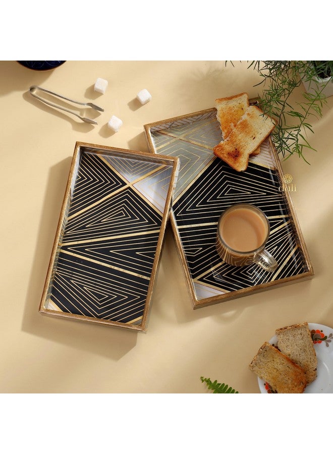 DULI Set of 2 MDF Wood Square Trays Enamel Coated|Rectangle Trays Set of 2|Serving Trays|Wooden Tray|Kitchen&Dining Decorative|Resin Tray|11X7 & 10X6 Inches (Setof2Rct: Geometric) - Image 2