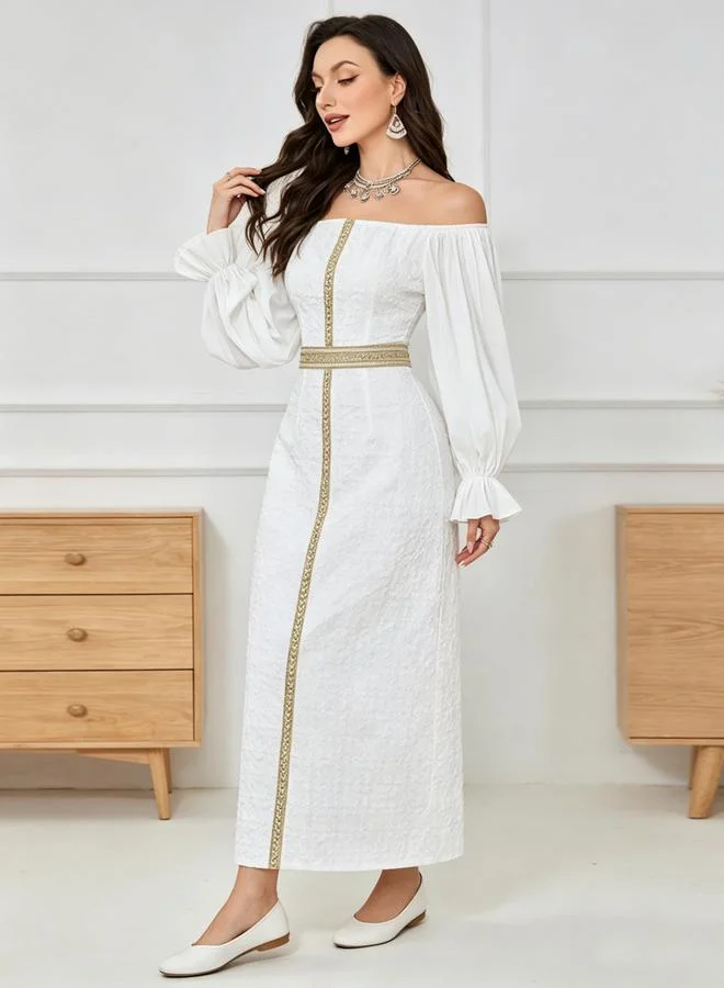 Take Two White Off Shoulder Maxi Dress With Golden Trim