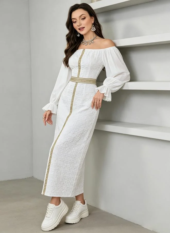 Take Two White Off Shoulder Maxi Dress With Golden Trim