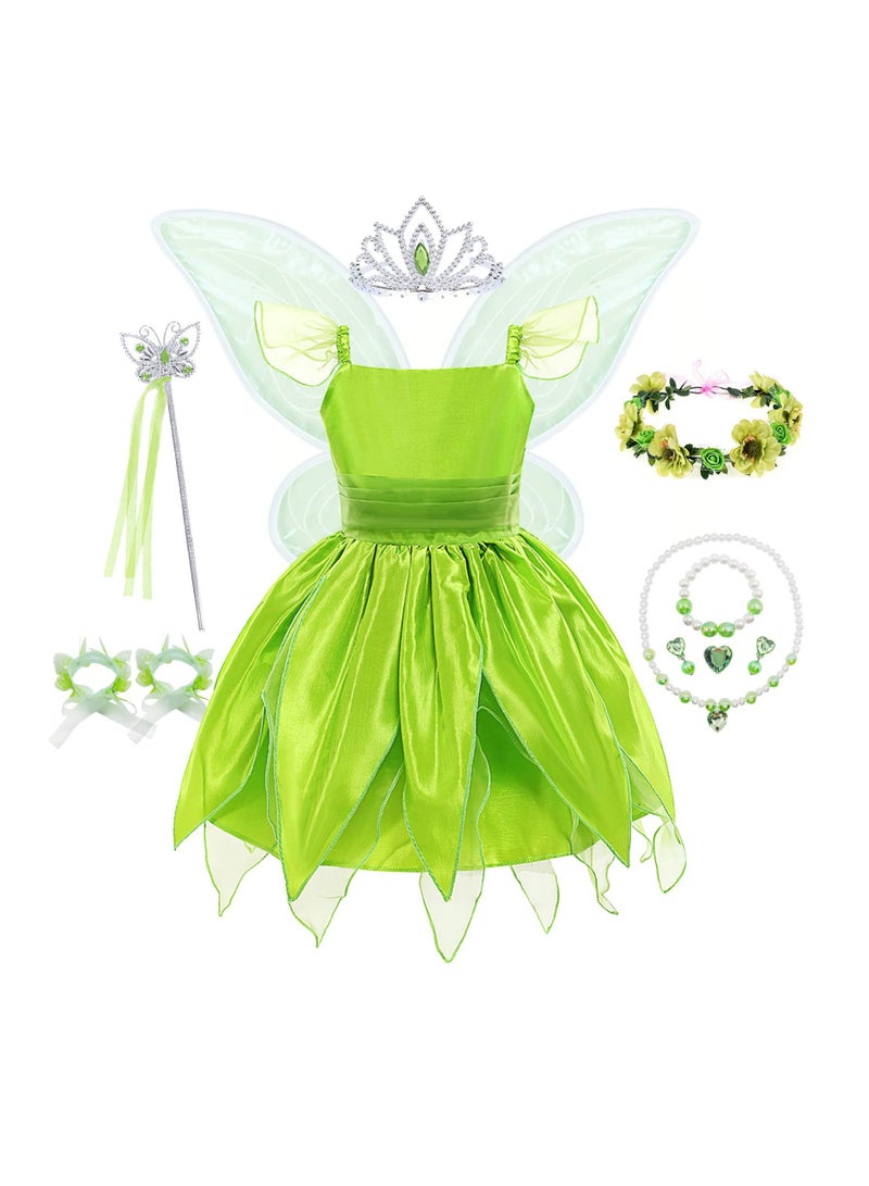 XiuWoo Green Fairy Princess Dresses for Girls Costume Tinker Bell Cosplay Set Flower Clothes 120CM - Image 1