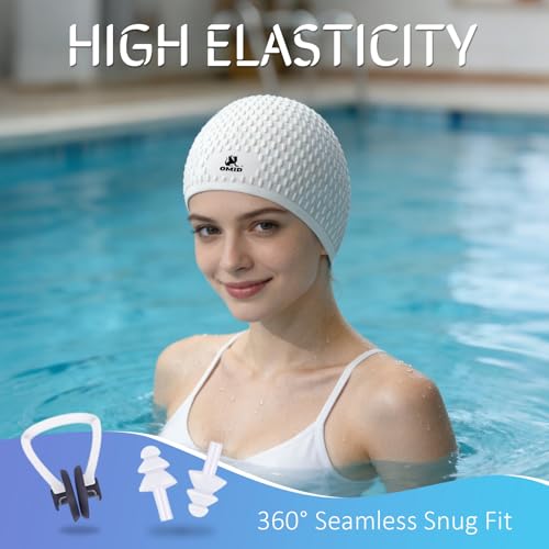 OMID Swim Cap Women Adult, Silicone Comfortable Waterproof Swimming Cap for Long Hair, Pool Beach Training (White) - Image 2
