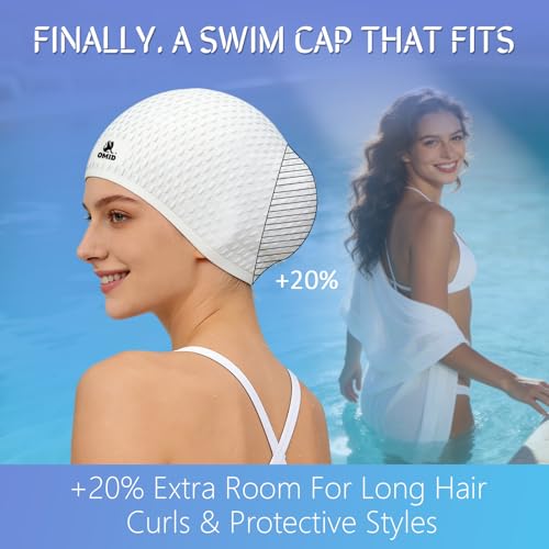 OMID Swim Cap Women Adult, Silicone Comfortable Waterproof Swimming Cap for Long Hair, Pool Beach Training (White) - Image 5