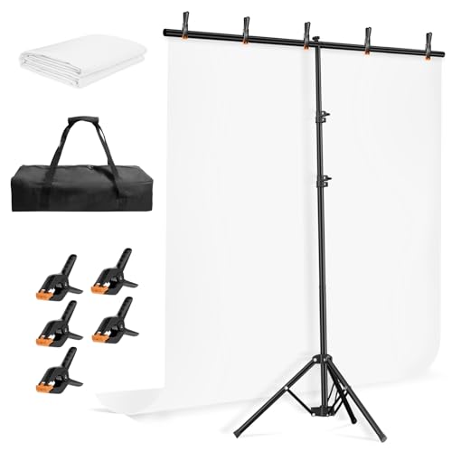 EMART 5 * 6.5ft White Photo Backdrop with Stand Kit for Photography Video Studio，White Screen Photoshoot Background Curtain with T-Shaped Portable Backdrop Stand Carrying Bag 5 Clamps - Image 1