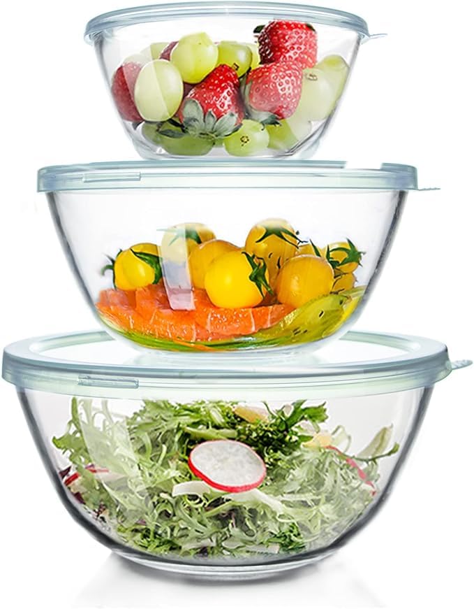 Femora Borosilicate Glass Mixing Bowl with Lid, 3 Pcs Set (400ml, 700ml, 1050ml), Serving Bowl, Kitchen, Oven & Microwave, Dishwasher and Freezer Safe, Scratch Resistant, Round, Transparent - Image 1