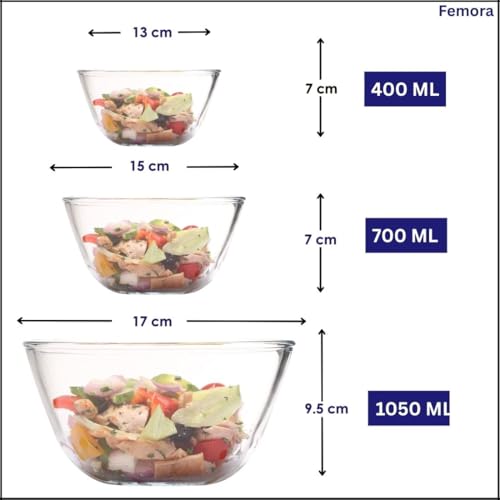 Femora Borosilicate Glass Mixing Bowl with Lid, 3 Pcs Set (400ml, 700ml, 1050ml), Serving Bowl, Kitchen, Oven & Microwave, Dishwasher and Freezer Safe, Scratch Resistant, Round, Transparent - Image 3