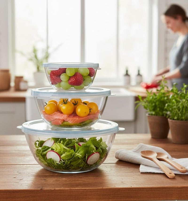 Femora Borosilicate Glass Mixing Bowl with Lid, 3 Pcs Set (400ml, 700ml, 1050ml), Serving Bowl, Kitchen, Oven & Microwave, Dishwasher and Freezer Safe, Scratch Resistant, Round, Transparent - Image 2