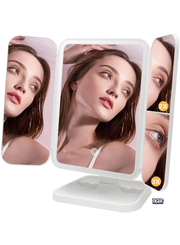 TIGER 3-Fold Lighted Makeup Mirror – 5X/3X/1X Magnification, 52 LED Vanity Mirror with Touch Screen Control & 180° Adjustable Rotation – Portable Countertop Cosmetic Mirror for Flawless Makeup Application - Image 1