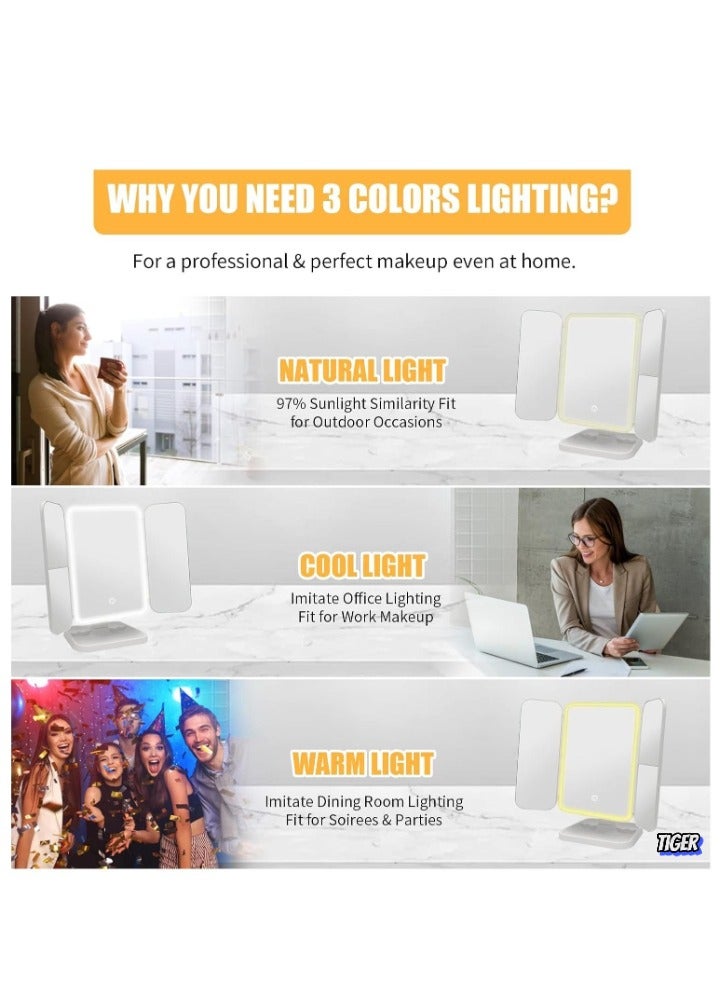 TIGER 3-Fold Lighted Makeup Mirror – 5X/3X/1X Magnification, 52 LED Vanity Mirror with Touch Screen Control & 180° Adjustable Rotation – Portable Countertop Cosmetic Mirror for Flawless Makeup Application - Image 2