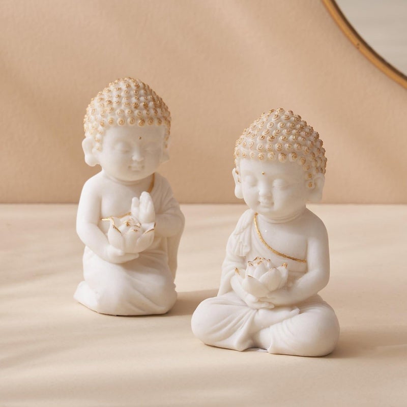 Karigaari India White Buddha Monks Cute Little Showpiece for Home Decor Laughing Buddha Showpiece for Gift Innaugration Gift Diwali Gift - Image 1