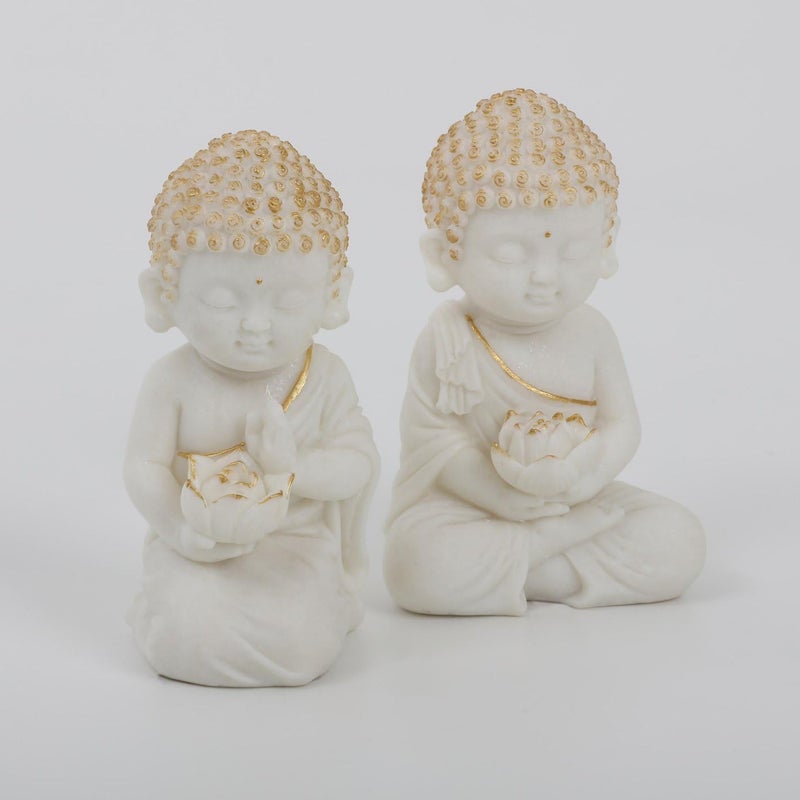 Karigaari India White Buddha Monks Cute Little Showpiece for Home Decor Laughing Buddha Showpiece for Gift Innaugration Gift Diwali Gift - Image 2