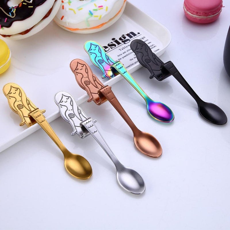 Cute Mermaid Spoon 304 Stainless Steel Teaspoon Long Handle Coffee Spoons Sugar Dessert Appetizer Seasoning Bistro Flatware Hanging Cup Scooper Drinking Tools Kitchen Gadget Silver - Image 5