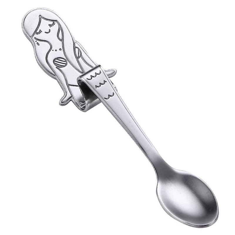 Cute Mermaid Spoon 304 Stainless Steel Teaspoon Long Handle Coffee Spoons Sugar Dessert Appetizer Seasoning Bistro Flatware Hanging Cup Scooper Drinking Tools Kitchen Gadget Silver - Image 1