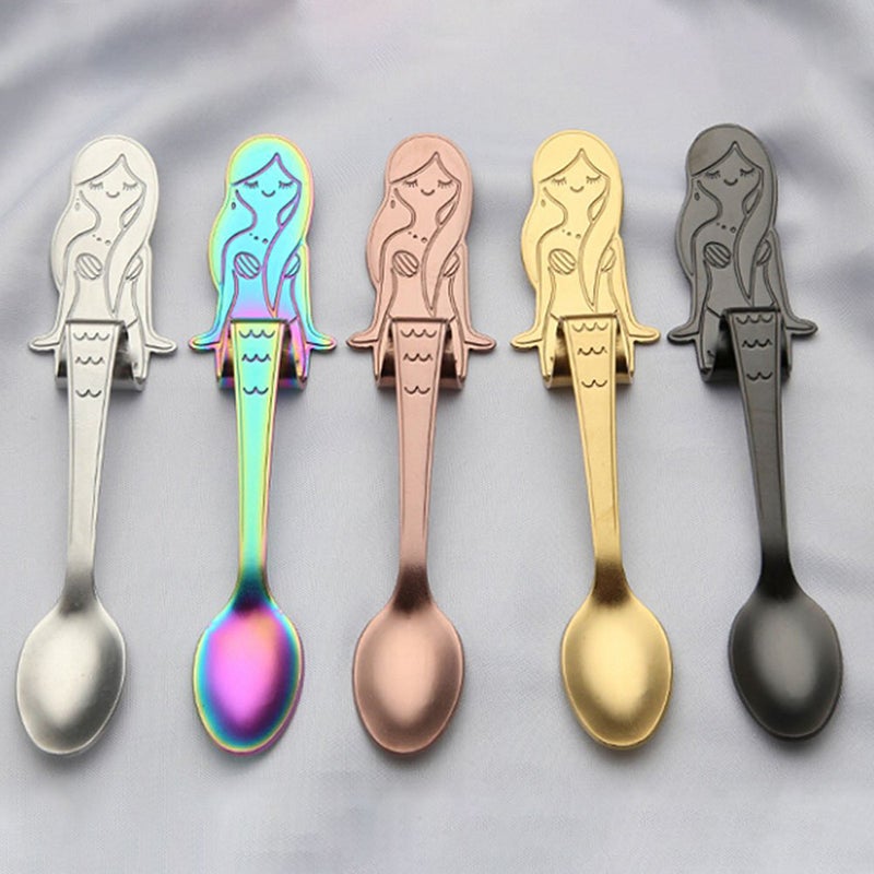 Cute Mermaid Spoon 304 Stainless Steel Teaspoon Long Handle Coffee Spoons Sugar Dessert Appetizer Seasoning Bistro Flatware Hanging Cup Scooper Drinking Tools Kitchen Gadget Silver - Image 2