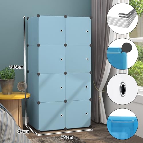 ELINDOR Plastic Wardrobe for Kids Clothes – Durable, Easy to Use Anti-Skid & Non-Slip Effective Professional Collapsible Wardrobe, Plastic Cupboard for Kids, Foldable Almirah (Blue, 8-Cube) - Image 2