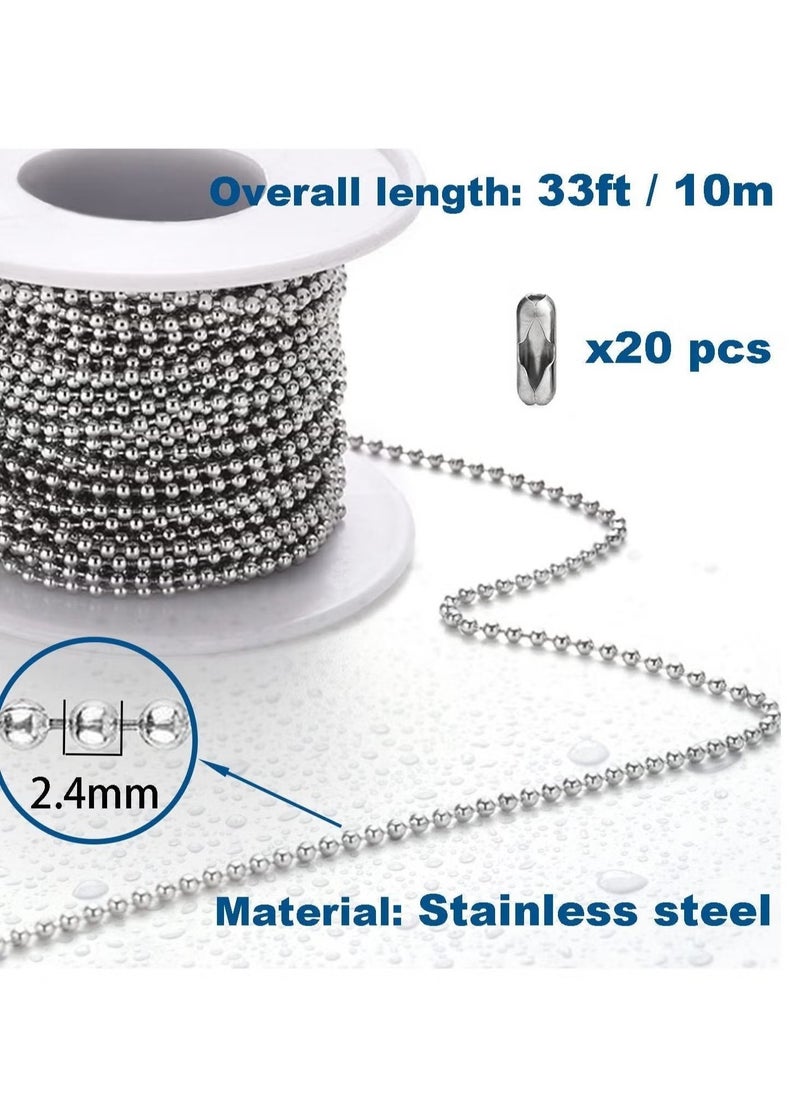 GMORO Ball Bead Chain,10 Meters Stainless Steel Chain Necklace with 20 Pieces Connecting Clasps for Jewelry Making Bracelet Crafts,Silver Metal Zipper Small Roll  - Image 2