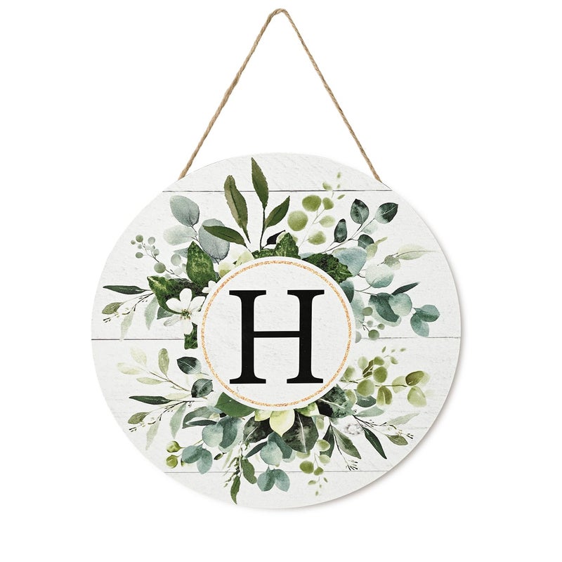 Sm:)e Smile Monogram Letter H Wreaths Wooden Welcome Sign, Family Last Name Initial Front Door Wall Decoration, Floral Spring Summer Porch Rustic Home Kitchen Decor - Image 1